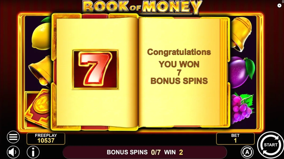 Tampilan visual slot Book of Money dengan simbol buah klasik dan buku misterius