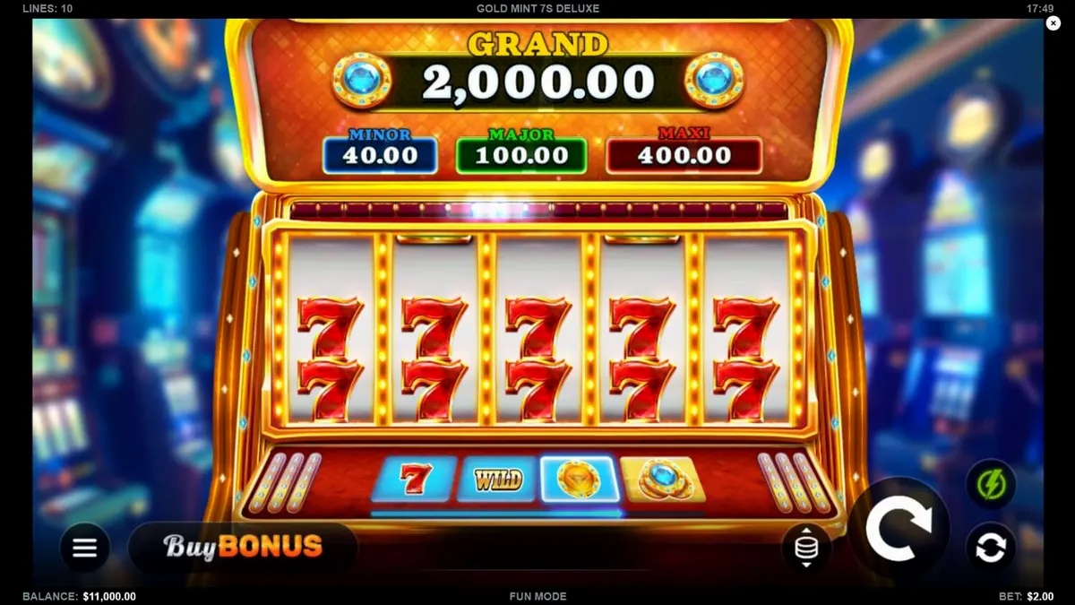 Tampilan visual slot Gold Mint 7s Deluxe yang mewah dengan simbol angka tujuh dan permata