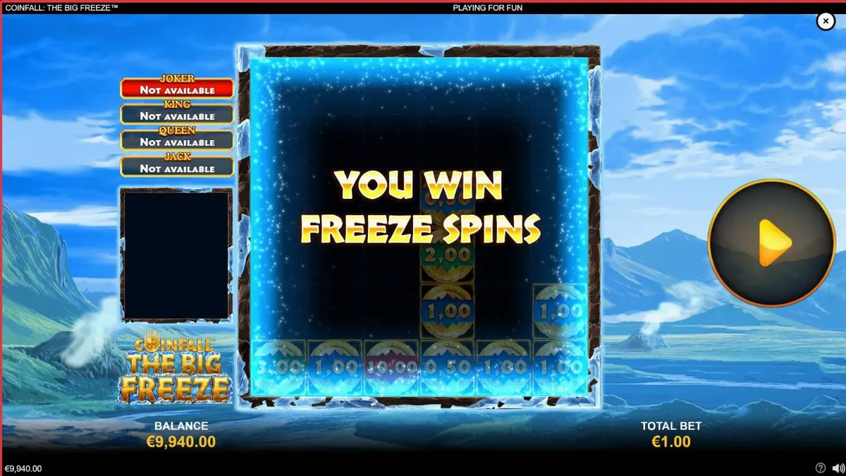 Tangkapan layar gameplay Coinfall: The Big Freeze menampilkan gulungan 6x6 dengan simbol-simbol bertema Zaman Es dan fitur Coinfall yang aktif.