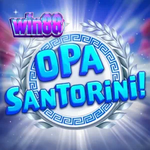 Pemandangan indah dari slot Opa Santorini dengan latar belakang bangunan khas Mediterania.